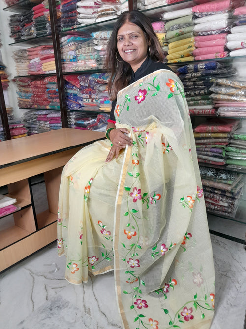 Lemon Yellow Color Kota Doriya Hand Painted Saree