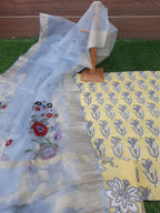 Lemon yellow cotton suit with organza dupatta