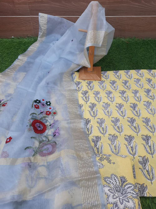Lemon yellow cotton suit with organza dupatta