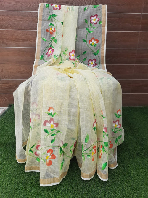 Lemon Yellow Color Kota Doriya Hand Painted Saree