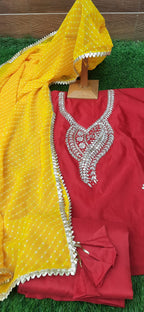 Red color silk gotta patti work suit fabric