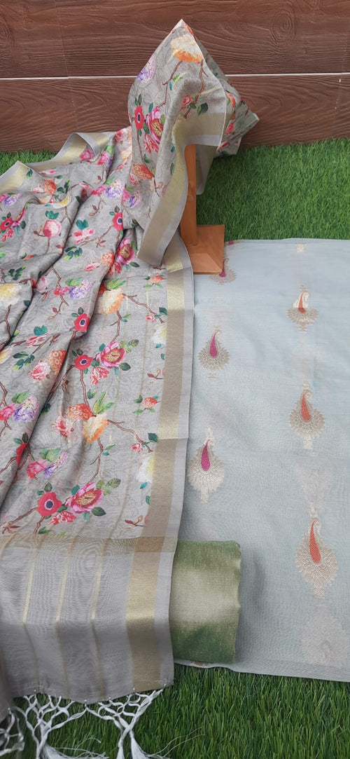 Beautiful Banarasi Suit With Grey Chanderi Zari Border Dupatta