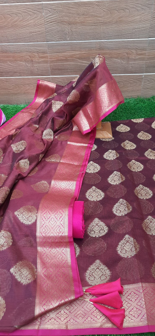 Rosewood Banarasi Suit With Chanderi Zari Border Dupatta