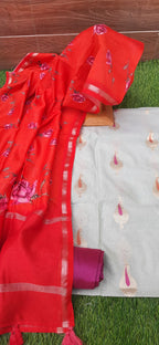 Grey Banarasi Suit With Red Pure Chanderi Dupatta