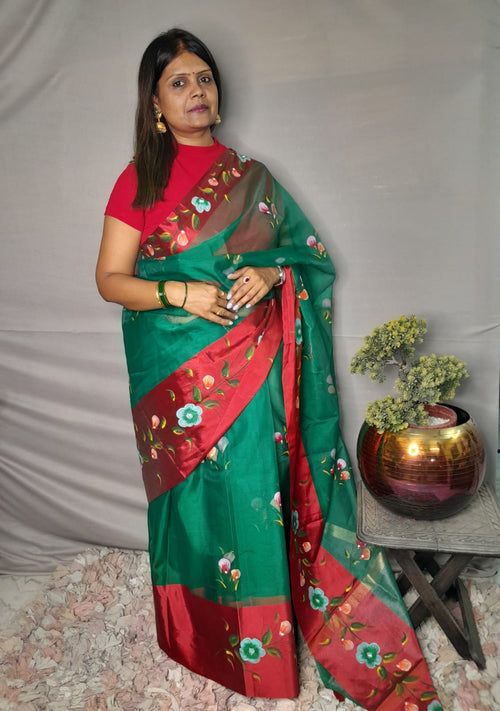 Organza silk Saree With hand painted