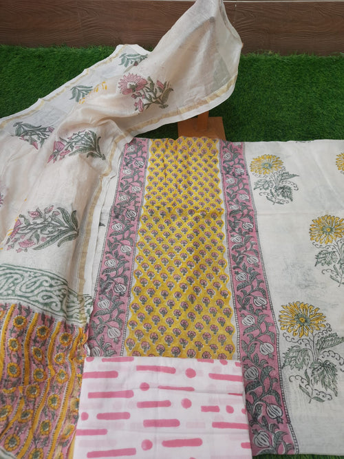 white with yellow color cotton hand block print suit