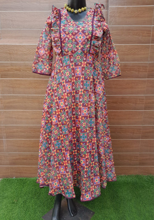 Patola Print Maroon Color Muslin Silk Dress