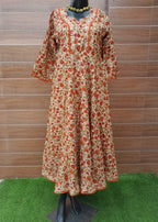 BEIGE WITH ORANGE CREPE SOFT SILK DRESS WITH LINING