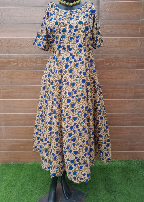 BEIGE WITH BLUE CREPE SILK DRESS WITH LINING