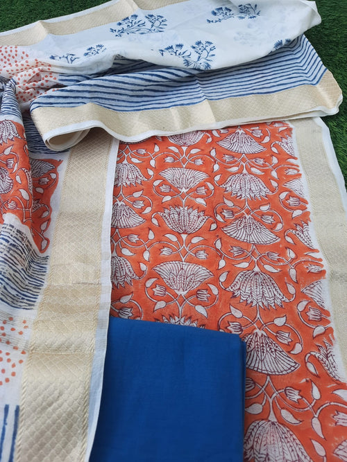 ORANGE MAHESHWARI SILK BLOCK PRINT SUIT WITH MAHESHWARI DUPATTA