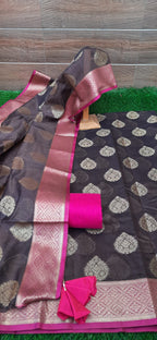 Gold brown Banarasi Suit With Chanderi Zari Border Dupatta