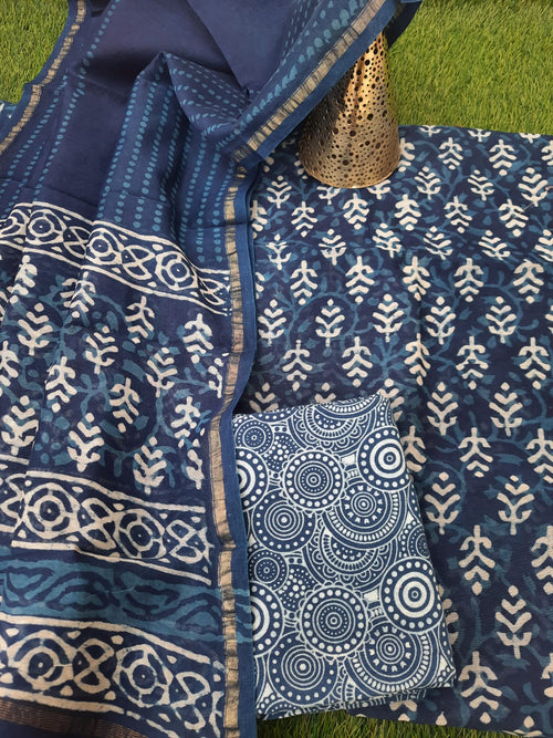 Blue Premium Chanderi Block Print Suit