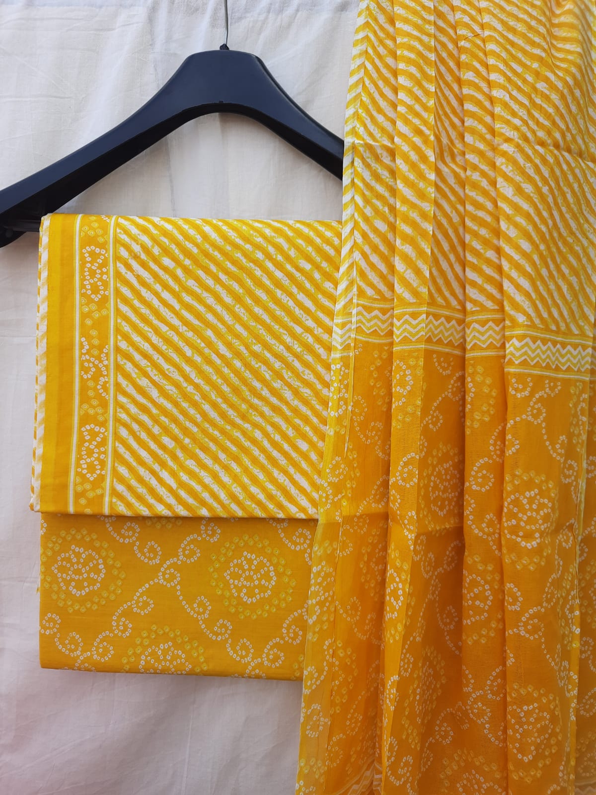 Yellow color cotton dress material with mulmul dupatta Aaditri fab