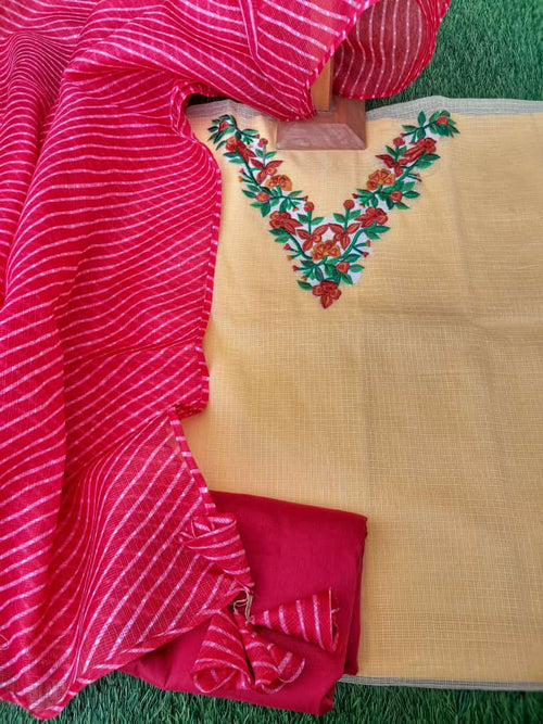 Yellow Kota Doria Embroidery Work Suit