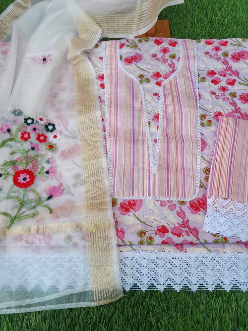 Multicolor cotton suit with organza dupatta