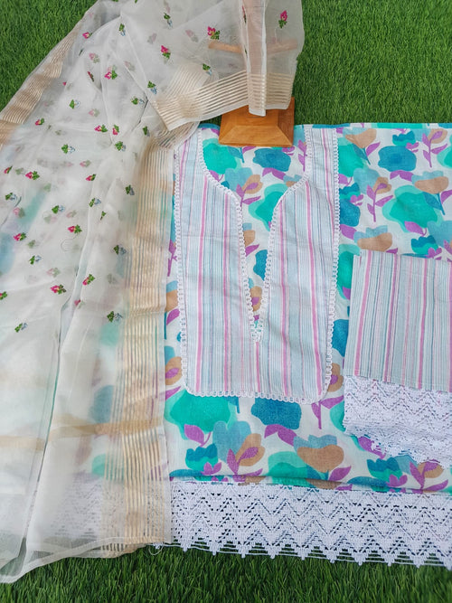 Multicolor cotton suit with organza dupatta