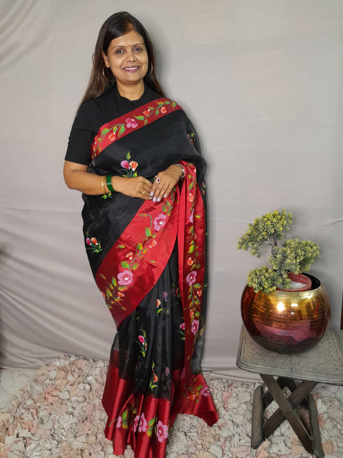 Black Organza silk Saree With hand painted