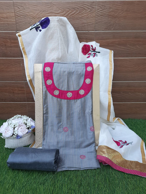 Grey color resham silk suit with chanderi dupatta