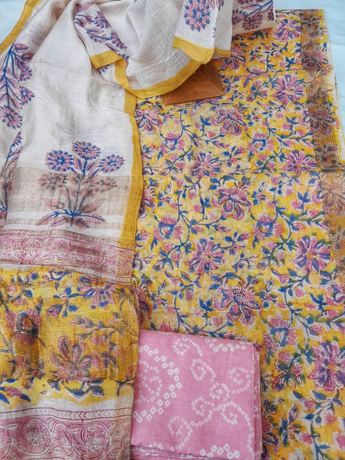 Lemon yellow Maheshwari Silk Block Print dress material