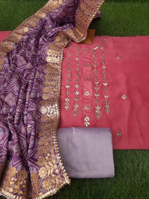 Pink chanderi gotta patti with creape patola silk dupatta