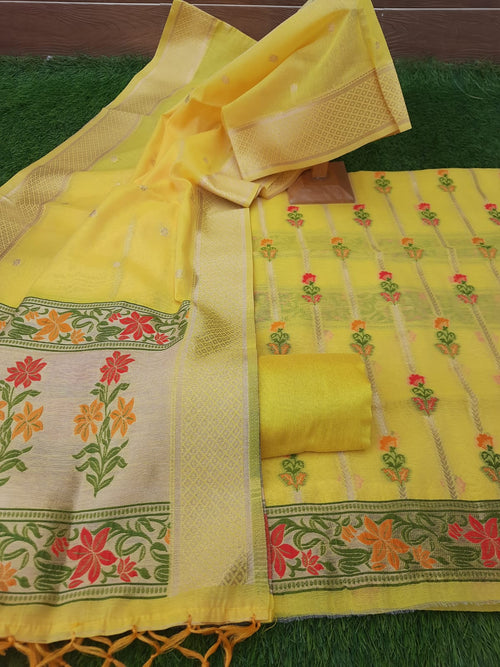 yellow color pure banarsi meenakari weaving suit