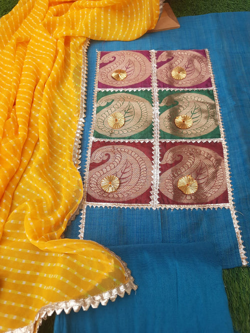 Blue Designer Raw Silk Suits With Yellow georgette Dupatta