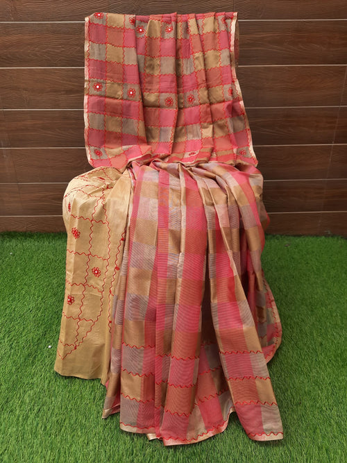 Soft Resham silk embroidery checks pattern saree