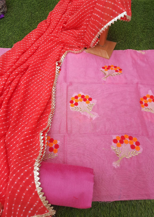 Supernet Fabric Suit With Georgette Lahariya Dupatta