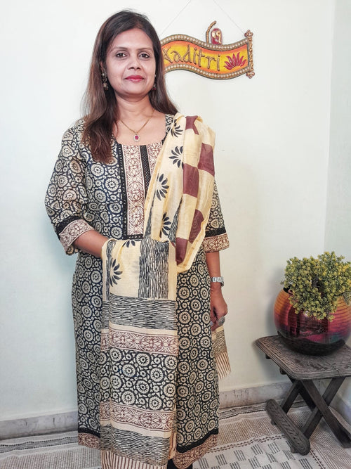 BLACK COLOR CHANDERI BLOCK PRINT STITCHED SUIT WITH CHANDERI DUPATTA