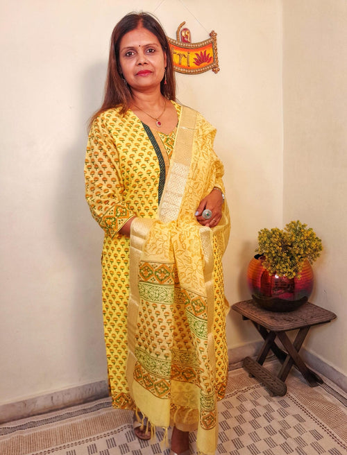 Yellow Color Maheshwari Silk Block Print Suit