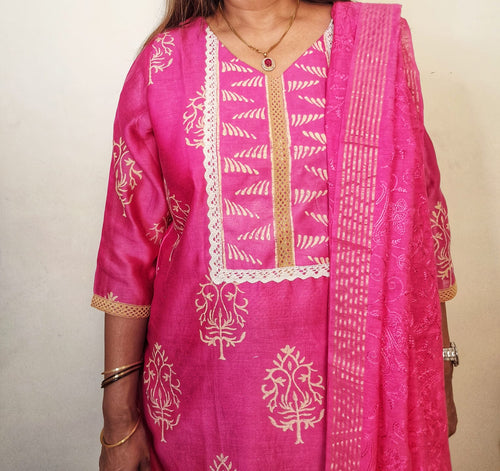 MAGENTA COLOR HANDLOOM CHANDERI BLOCK PRINT SUIT WITH DUPATTA