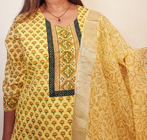 Yellow Color Maheshwari Silk Block Print Suit