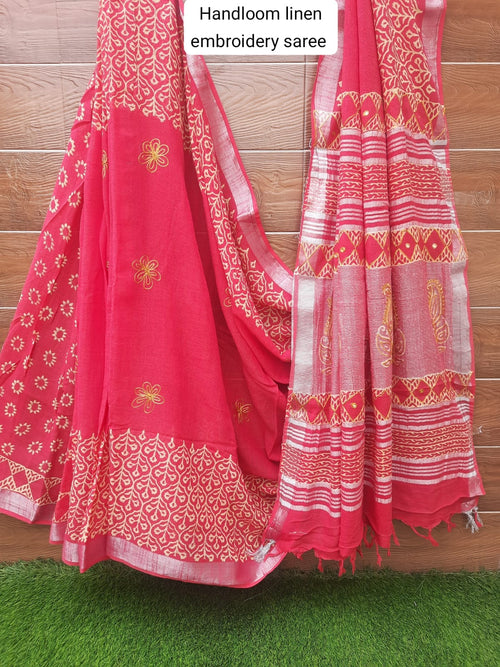 RED HANDLOOM LINEN SAREE WITH EMBROIDERY WORK