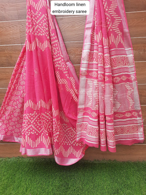PINK HANDLOOM LINEN SAREE WITH EMBROIDERY WORK