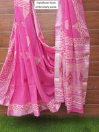 PINK HANDLOOM LINEN SAREE WITH EMBROIDERY WORK