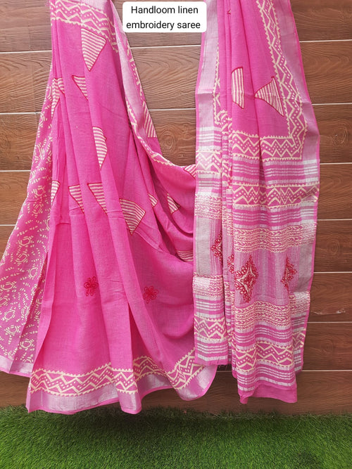 PINK HANDLOOM LINEN SAREE WITH EMBROIDERY WORK