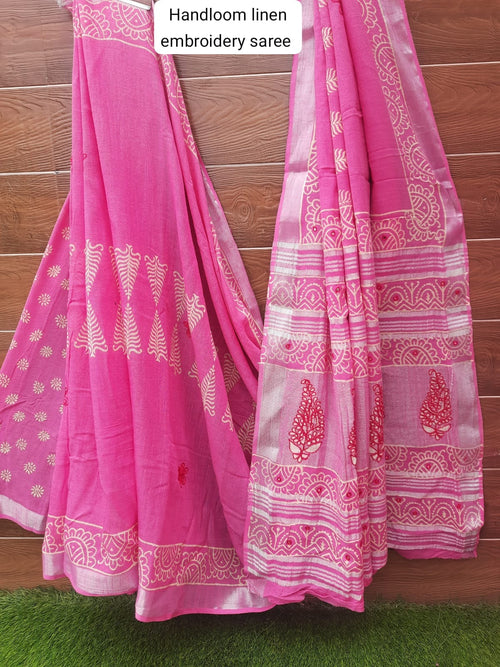 PINK HANDLOOM LINEN SAREE WITH EMBROIDERY WORK
