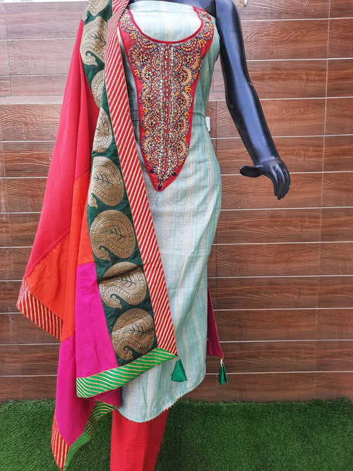 PASTEL COLOUR HANLOOM CHANDERI WITH DESIGNER GOTA DUPATTA
