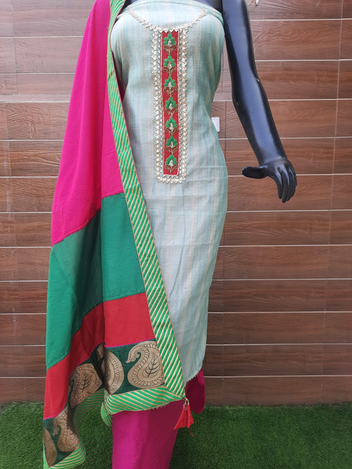 Pastel color handloom chanderi with designer multicolor dupatta