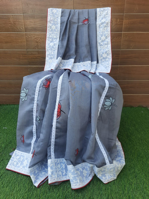 Dark grey color picwai print chanderi silk saree