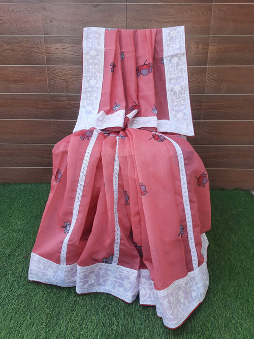 Peach color picwai print chanderi silk saree