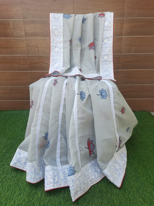 Pigeon color picwai print chanderi silk saree