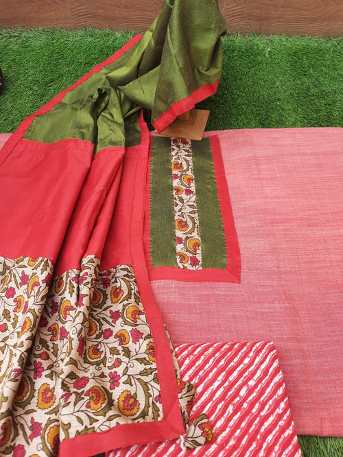 Peach color handloom cotton designer suit with multicolor dupatta