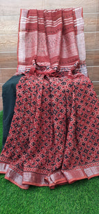 Ajrakh print handloom linen hand block print saree