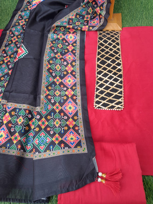 Red color silk dress material with patola print dupatta