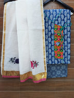 Indigo blue designer cotton suit with chanderi embroidery dupatta