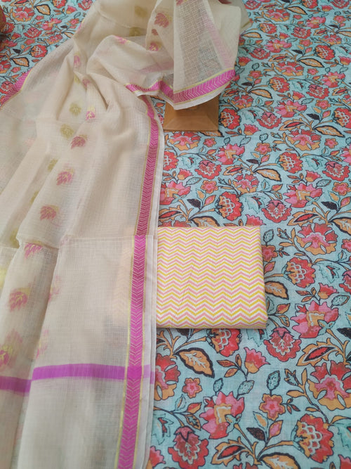 Pastel color linen dress material with kota doriya dupatta