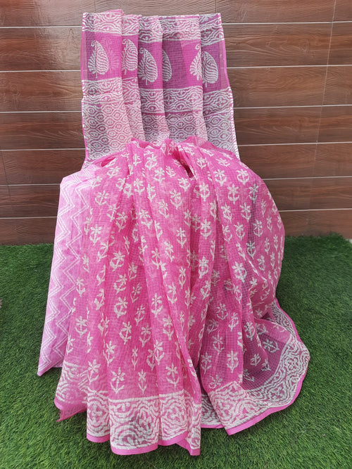 Pink Color Kota Doriya Hand Block Print Saree
