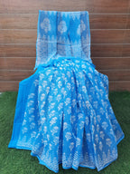 Sky Blue Color Kota Doriya Hand Block Print Saree