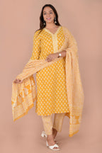 Mustard color cotton suit with mulmul dupatta